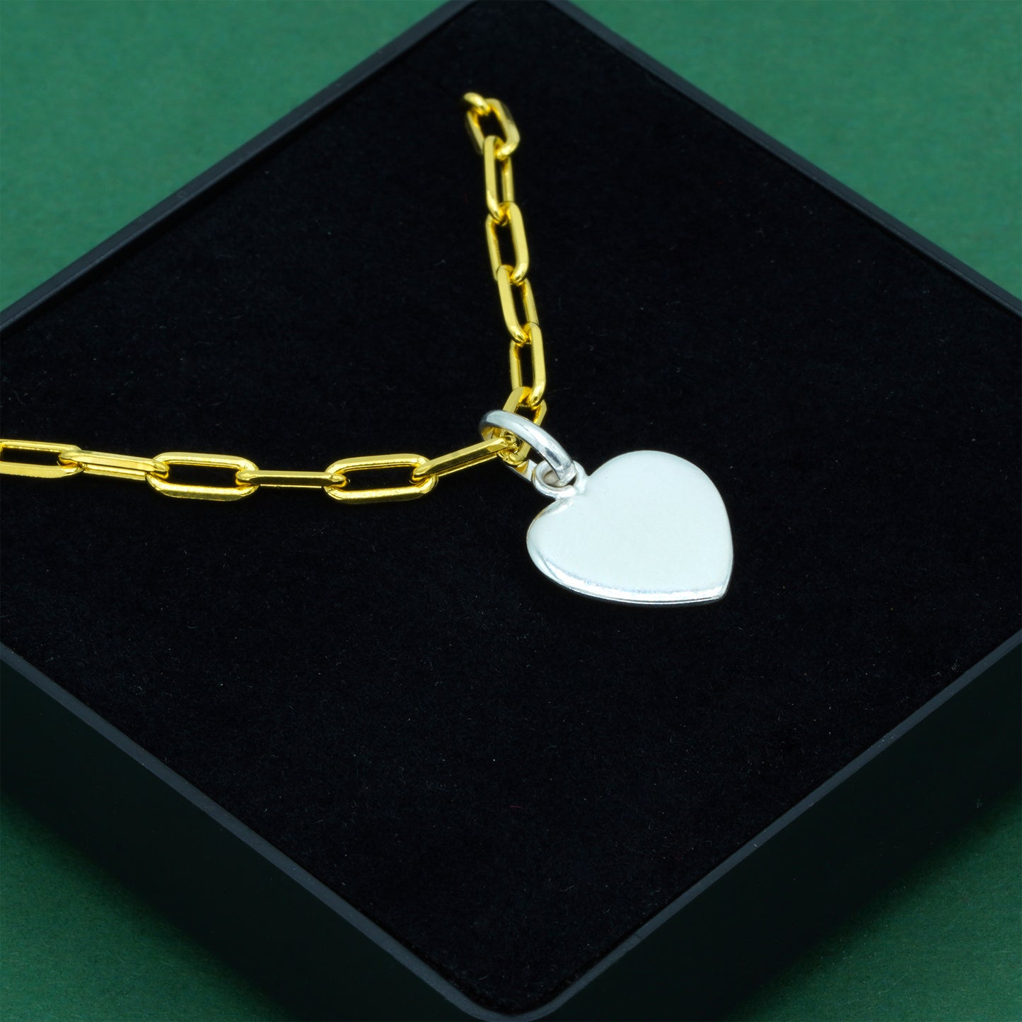 925 Sterling Silver Flat Heart Pendant Necklace With 18k Flash Gold Plated Paperclip Link Chain, Valentine’s Day Gift for Her, Supplied in Gift Box