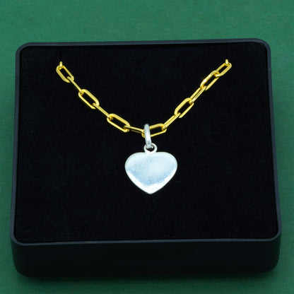 925 Sterling Silver Flat Heart Pendant Necklace With 18k Flash Gold Plated Paperclip Link Chain, Valentine’s Day Gift for Her, Supplied in Gift Box