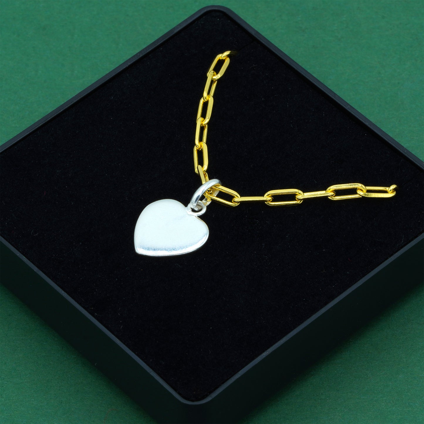 925 Sterling Silver Flat Heart Pendant Necklace With 18k Flash Gold Plated Paperclip Link Chain, Valentine’s Day Gift for Her, Supplied in Gift Box