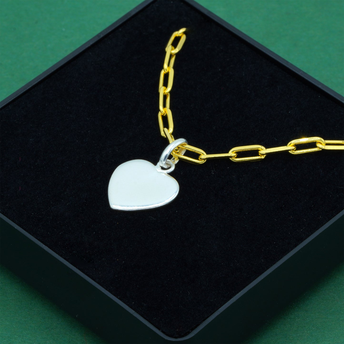 925 Sterling Silver Flat Heart Pendant Necklace With 18k Flash Gold Plated Paperclip Link Chain, Valentine’s Day Gift for Her, Supplied in Gift Box
