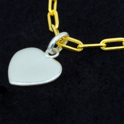925 Sterling Silver Flat Heart Pendant Necklace With 18k Flash Gold Plated Paperclip Link Chain, Valentine’s Day Gift for Her, Supplied in Gift Box
