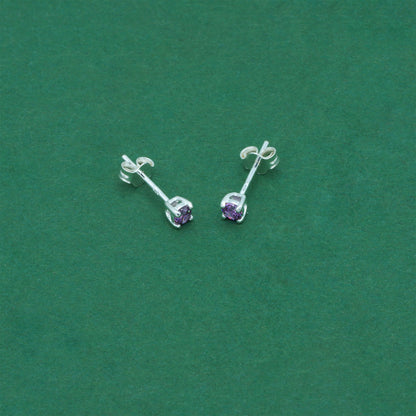 925 Sterling Silver Amethyst CZ Stud Earrings 4mm, Light Purple Cubic Zirconia Studs, Minimal Dainty Crystal Earrings