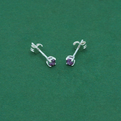 925 Sterling Silver Amethyst CZ Stud Earrings 4mm, Light Purple Cubic Zirconia Studs, Minimal Dainty Crystal Earrings