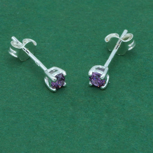 925 Sterling Silver Amethyst CZ Stud Earrings 4mm, Light Purple Cubic Zirconia Studs, Minimal Dainty Crystal Earrings