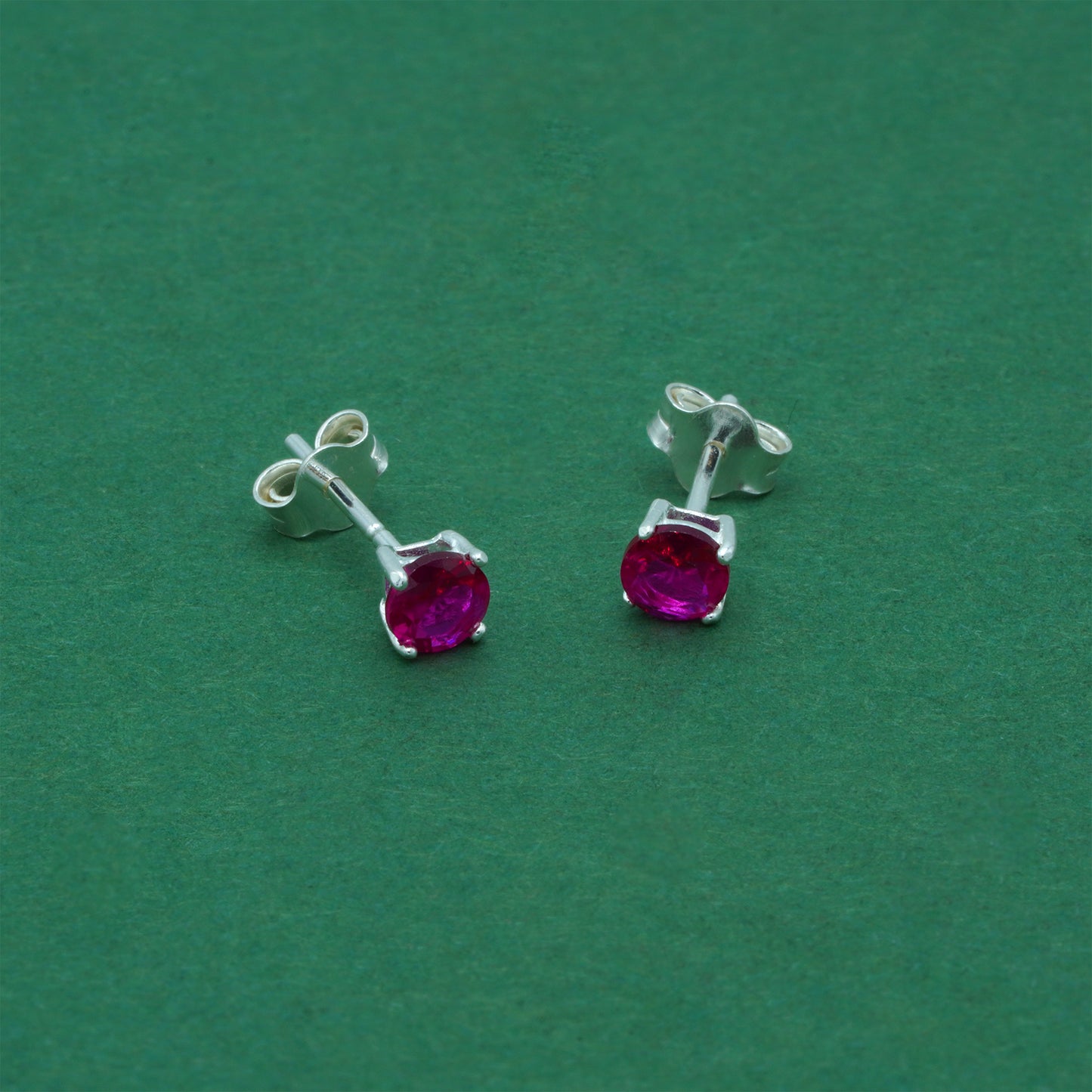 925 Sterling Silver Ruby CZ Stud Earrings 4mm, Magenta Cubic Zirconia Studs, Minimal Dainty Crystal Earrings