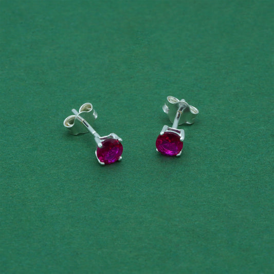 925 Sterling Silver Ruby CZ Stud Earrings 4mm, Magenta Cubic Zirconia Studs, Minimal Dainty Crystal Earrings