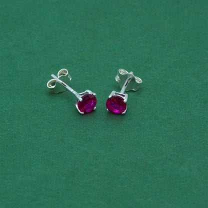 925 Sterling Silver Ruby CZ Stud Earrings 4mm, Magenta Cubic Zirconia Studs, Minimal Dainty Crystal Earrings