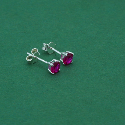 925 Sterling Silver Ruby CZ Stud Earrings 4mm, Magenta Cubic Zirconia Studs, Minimal Dainty Crystal Earrings