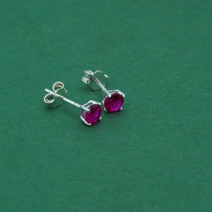 925 Sterling Silver Ruby CZ Stud Earrings 4mm, Magenta Cubic Zirconia Studs, Minimal Dainty Crystal Earrings