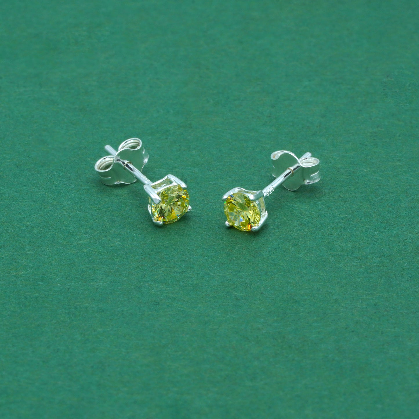 925 Sterling Silver Peridot CZ Stud Earrings 4mm, Light Yellow Cubic Zirconia Studs, Minimal Dainty Crystal Earrings