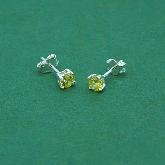 925 Sterling Silver Peridot CZ Stud Earrings 4mm, Light Yellow Cubic Zirconia Studs, Minimal Dainty Crystal Earrings