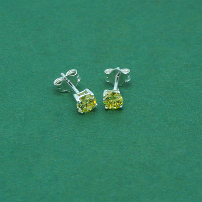 925 Sterling Silver Peridot CZ Stud Earrings 4mm, Light Yellow Cubic Zirconia Studs, Minimal Dainty Crystal Earrings