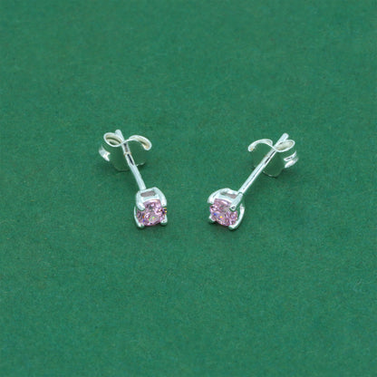 925 Sterling Silver Pink CZ Stud Earrings 4mm, Light Pink Tourmaline Style Cubic Zirconia Studs, Minimal Dainty Crystal Earrings