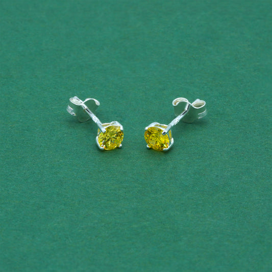 925 Sterling Silver Citrine CZ Stud Earrings 4mm, Golden Yellow Cubic Zirconia Studs, Minimal Dainty Crystal Earrings