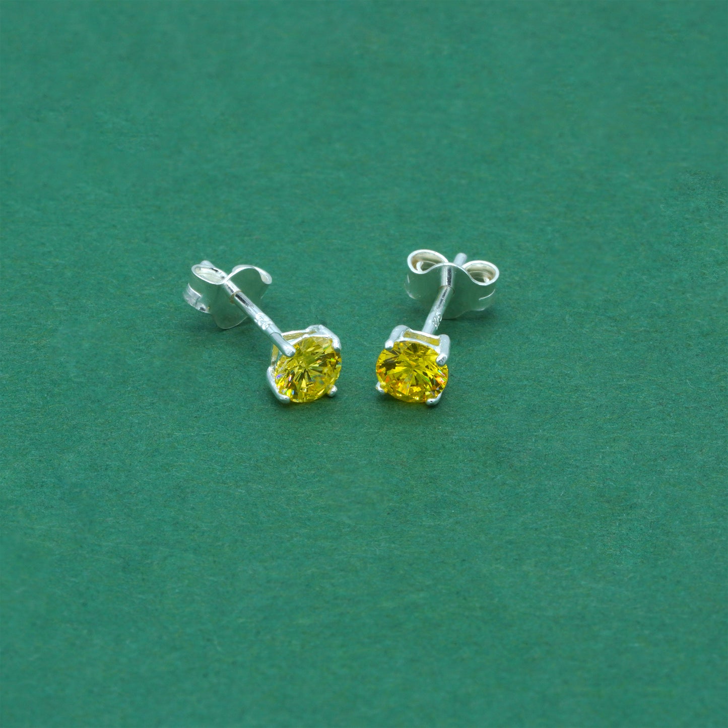 925 Sterling Silver Citrine CZ Stud Earrings 4mm, Golden Yellow Cubic Zirconia Studs, Minimal Dainty Crystal Earrings