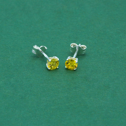 925 Sterling Silver Citrine CZ Stud Earrings 4mm, Golden Yellow Cubic Zirconia Studs, Minimal Dainty Crystal Earrings