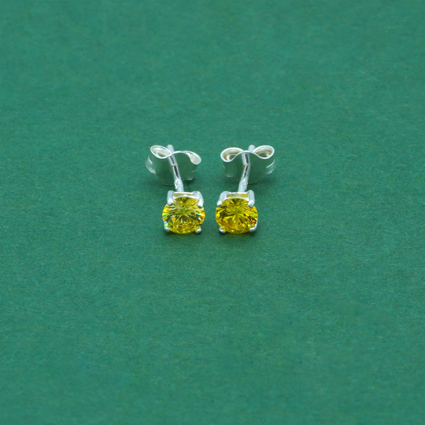 925 Sterling Silver Citrine CZ Stud Earrings 4mm, Golden Yellow Cubic Zirconia Studs, Minimal Dainty Crystal Earrings