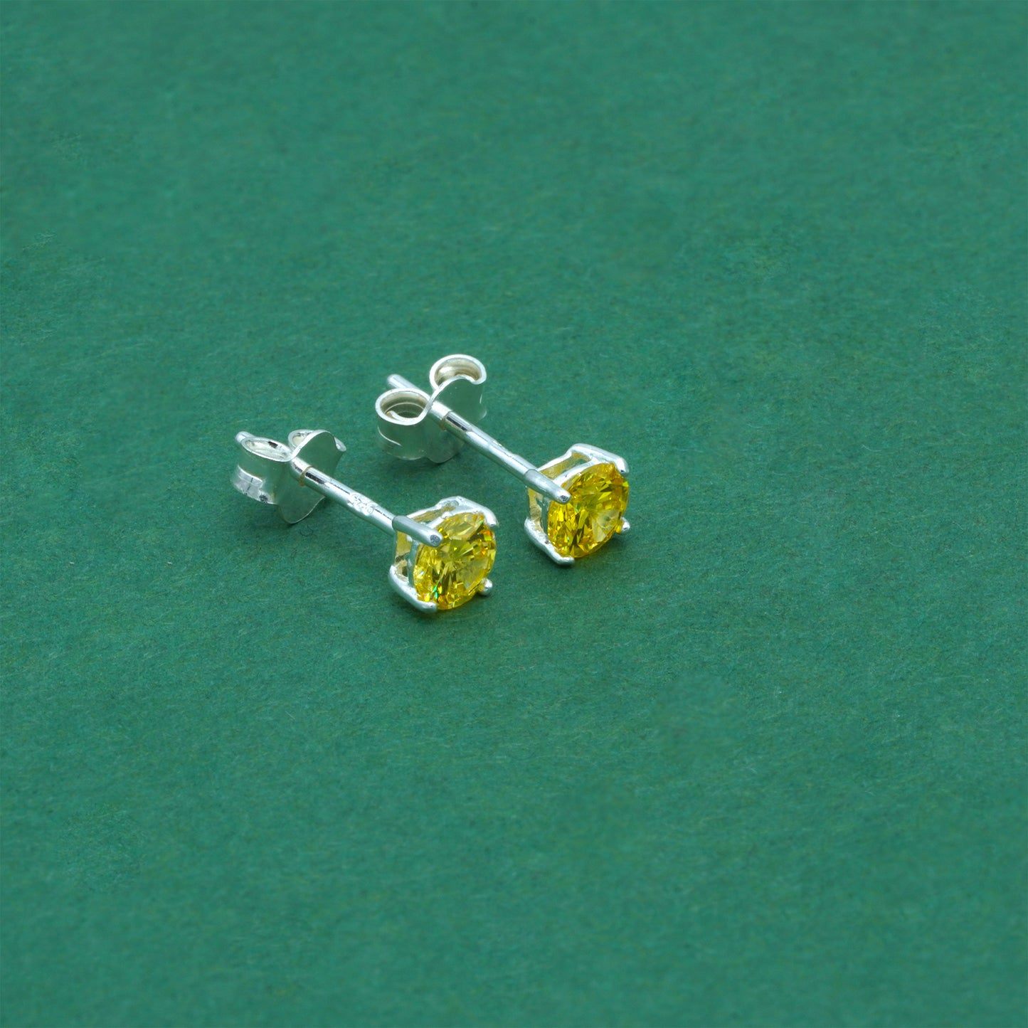 925 Sterling Silver Citrine CZ Stud Earrings 4mm, Golden Yellow Cubic Zirconia Studs, Minimal Dainty Crystal Earrings