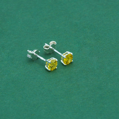 925 Sterling Silver Citrine CZ Stud Earrings 4mm, Golden Yellow Cubic Zirconia Studs, Minimal Dainty Crystal Earrings