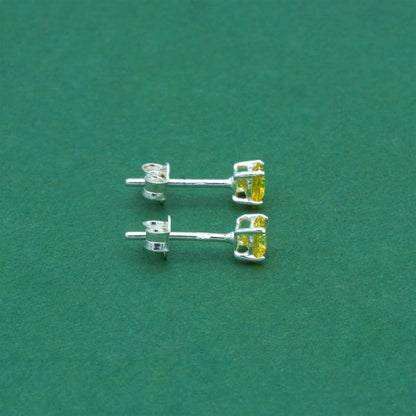 925 Sterling Silver Citrine CZ Stud Earrings 4mm, Golden Yellow Cubic Zirconia Studs, Minimal Dainty Crystal Earrings