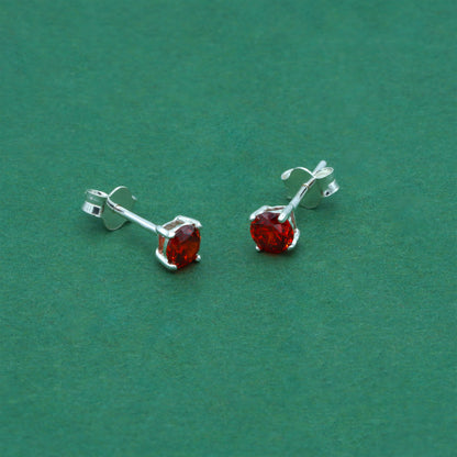 925 Sterling Silver Garnet CZ Stud Earrings 4mm, Ruby Red Cubic Zirconia Studs, Minimal Dainty Crystal Earrings