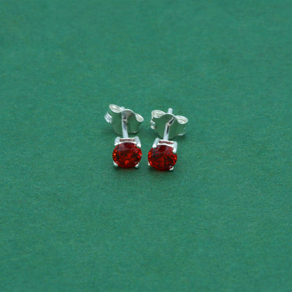 925 Sterling Silver Garnet CZ Stud Earrings 4mm, Ruby Red Cubic Zirconia Studs, Minimal Dainty Crystal Earrings