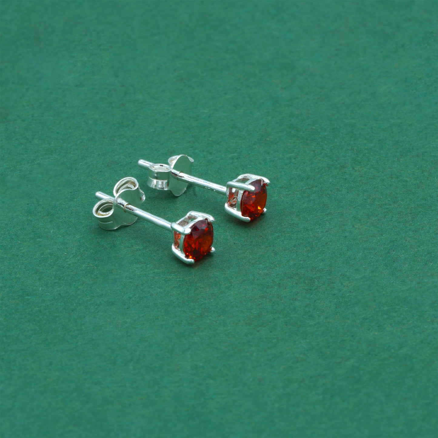 925 Sterling Silver Garnet CZ Stud Earrings 4mm, Ruby Red Cubic Zirconia Studs, Minimal Dainty Crystal Earrings