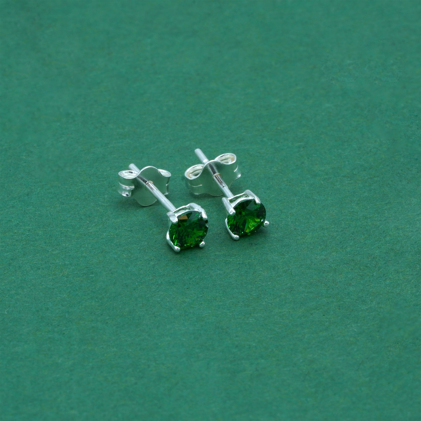925 Sterling Silver Emerald Green CZ Stud Earrings 4mm, Emerald Cubic Zirconia Studs, Minimal Dainty Crystal Earrings