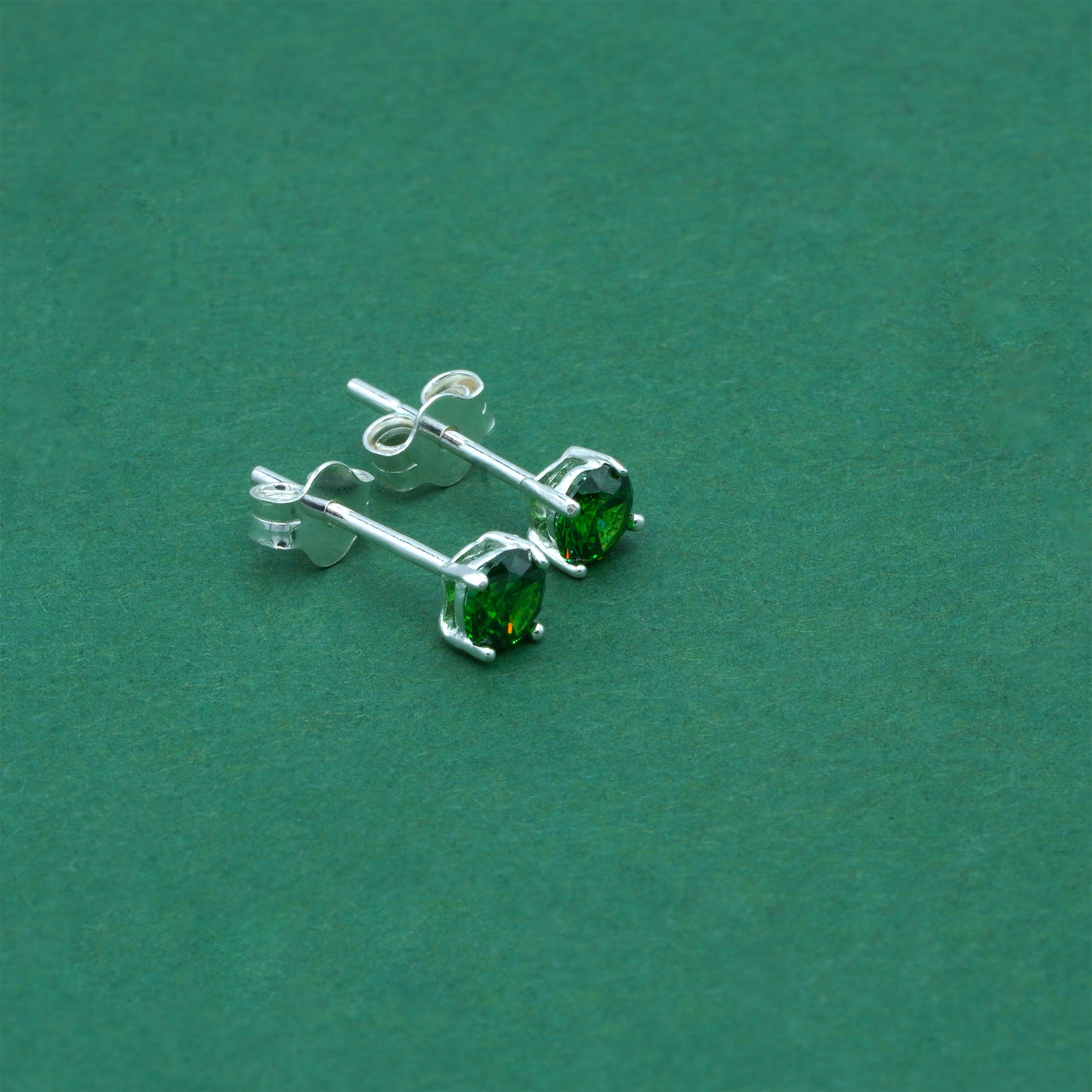 925 Sterling Silver Emerald Green CZ Stud Earrings 4mm, Emerald Cubic Zirconia Studs, Minimal Dainty Crystal Earrings