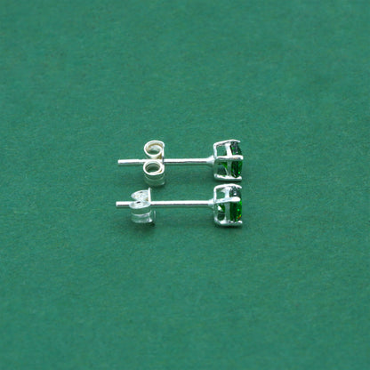 925 Sterling Silver Emerald Green CZ Stud Earrings 4mm, Emerald Cubic Zirconia Studs, Minimal Dainty Crystal Earrings