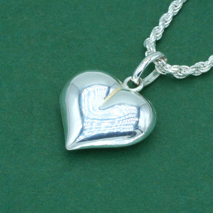 925 Sterling Silver Rope Chain With Puffed Heart Pendant Necklace – Valentine’s Day Romantic Gift for Her, Minimalist Silver Heart Jewelry