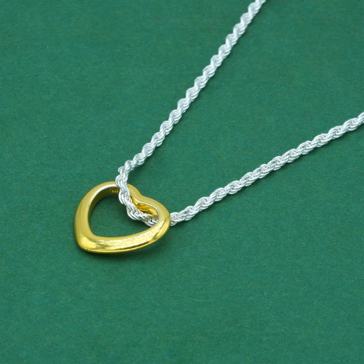 925 Sterling Silver Rope Chain With 18k Flash Gold Plated Open Heart Pendant Necklace – Valentine’s Day Romantic Gift for Her