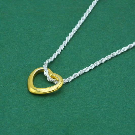 925 Sterling Silver Rope Chain With 18k Flash Gold Plated Open Heart Pendant Necklace – Valentine’s Day Romantic Gift for Her