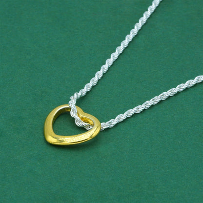 925 Sterling Silver Rope Chain With 18k Flash Gold Plated Open Heart Pendant Necklace – Valentine’s Day Romantic Gift for Her