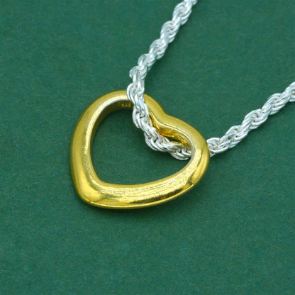 925 Sterling Silver Rope Chain With 18k Flash Gold Plated Open Heart Pendant Necklace – Valentine’s Day Romantic Gift for Her
