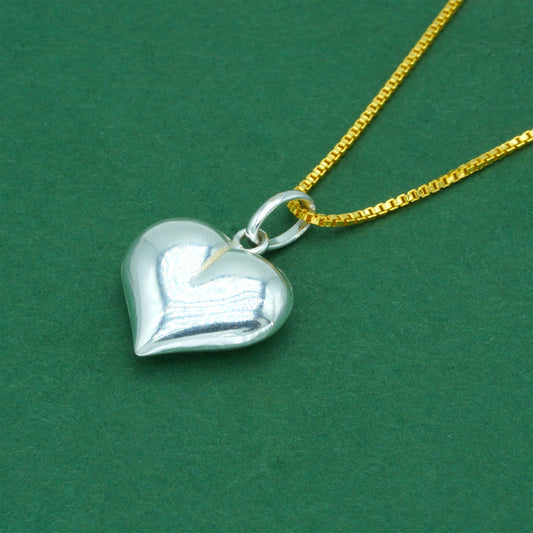 925 Sterling Silver Box Chain With Puffed Heart Pendant Necklace – Two Tone Silver & Gold Valentine’s Day Romantic Gift for Her