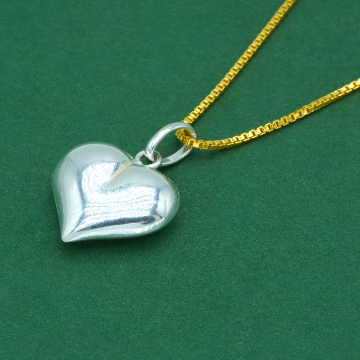 925 Sterling Silver Box Chain With Puffed Heart Pendant Necklace – Two Tone Silver & Gold Valentine’s Day Romantic Gift for Her