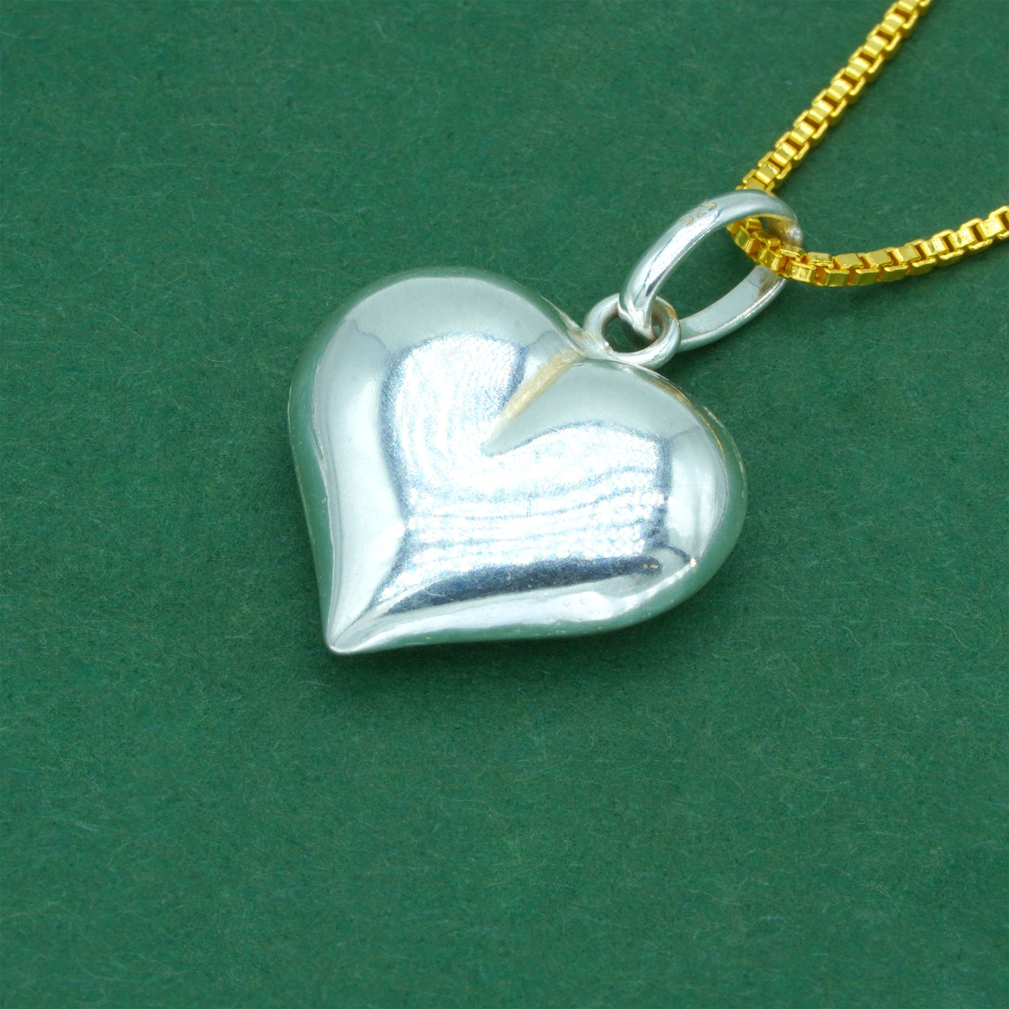 925 Sterling Silver Box Chain With Puffed Heart Pendant Necklace – Two Tone Silver & Gold Valentine’s Day Romantic Gift for Her