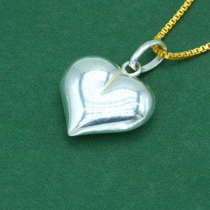 925 Sterling Silver Box Chain With Puffed Heart Pendant Necklace – Two Tone Silver & Gold Valentine’s Day Romantic Gift for Her