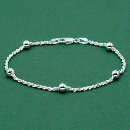 Sterling Silver Beaded Rope Chain Bracelet