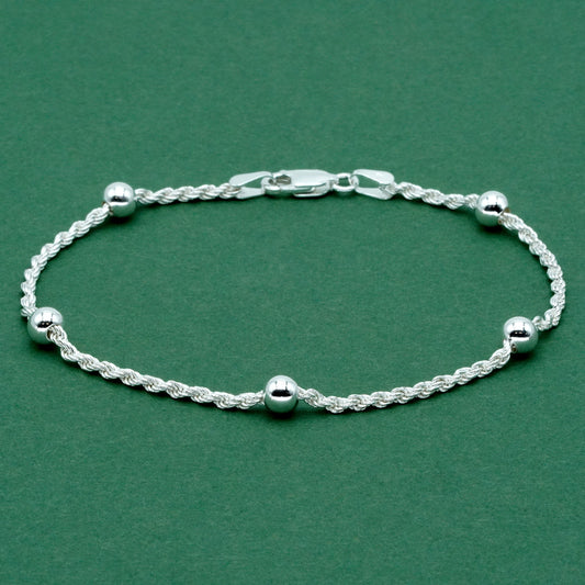 Sterling Silver Beaded Rope Chain Bracelet