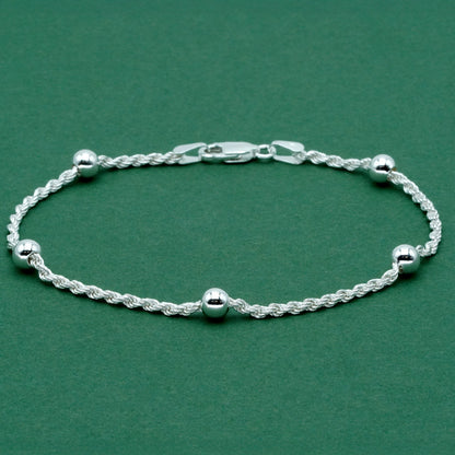 Sterling Silver Beaded Rope Chain Bracelet
