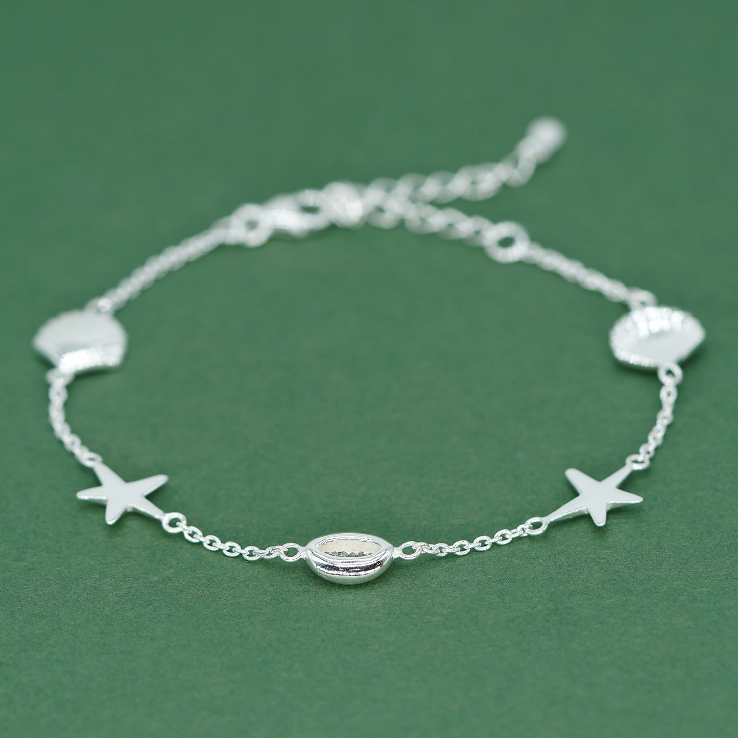 Sterling Silver Beach Charm Bracelet - Seashell, Starfish, Cowrie Shell