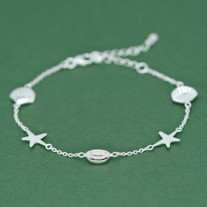 Sterling Silver Beach Charm Bracelet - Seashell, Starfish, Cowrie Shell