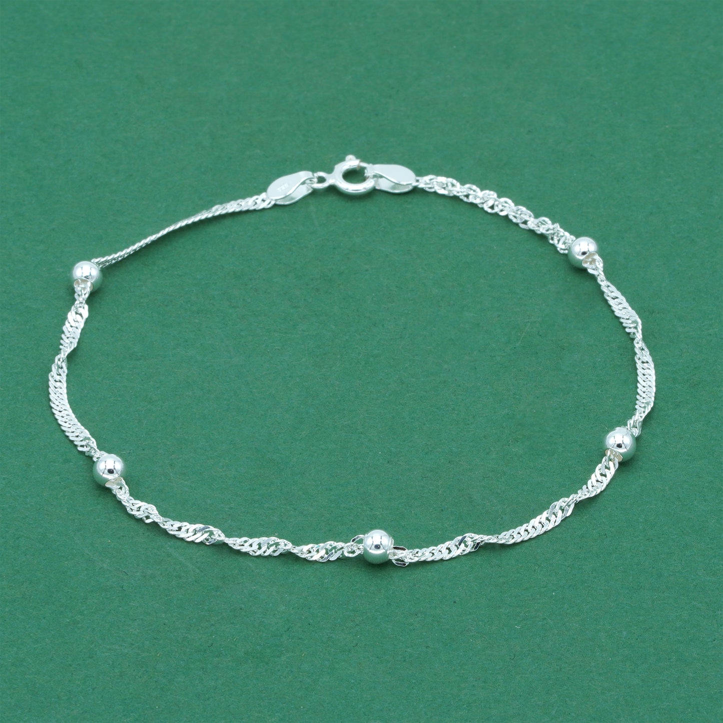 925 Sterling Silver Beaded Singapore Chain Anklet, Twisted Rope Minimal Silver Ankle Bracelet, Delicate Everyday Jewellery