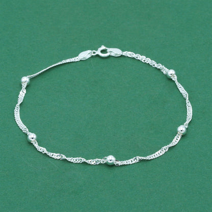 925 Sterling Silver Beaded Singapore Chain Anklet, Twisted Rope Minimal Silver Ankle Bracelet, Delicate Everyday Jewellery