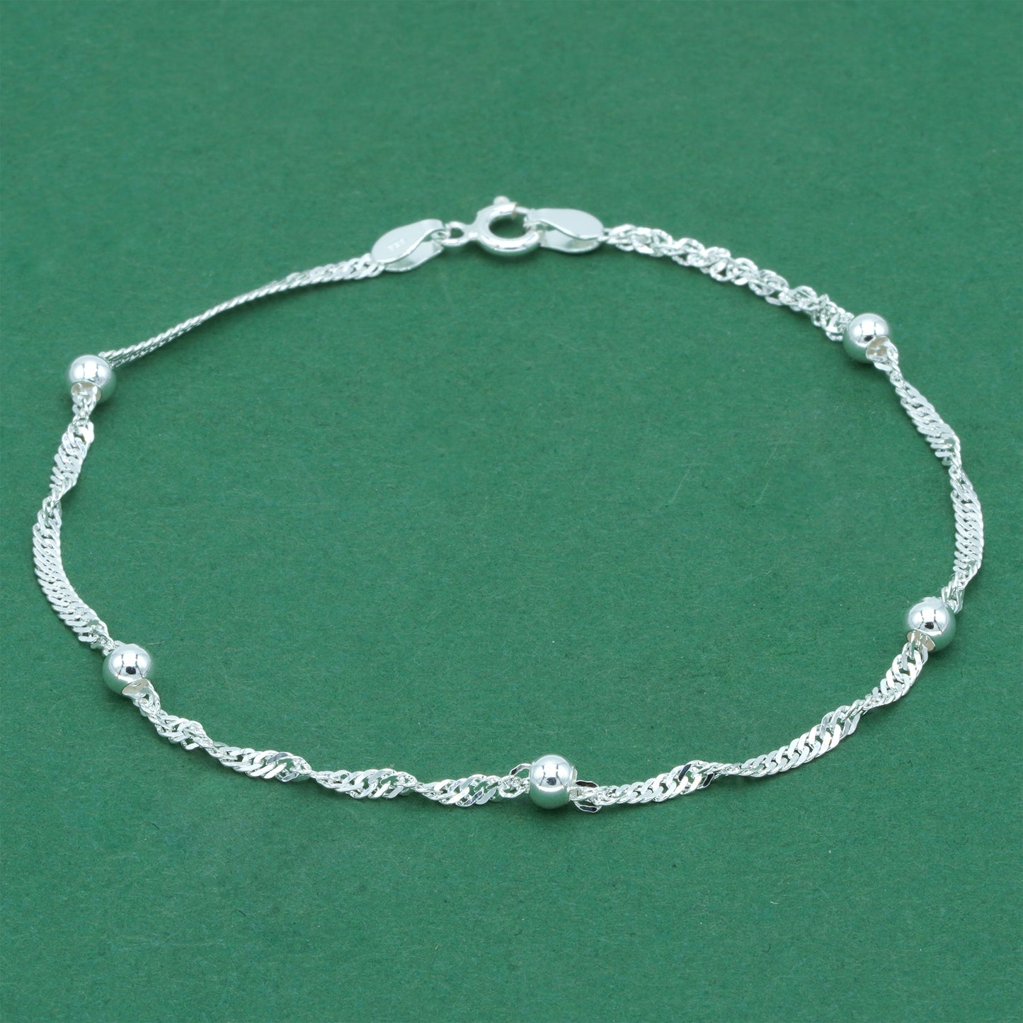 925 Sterling Silver Beaded Singapore Chain Anklet, Twisted Rope Minimal Silver Ankle Bracelet, Delicate Everyday Jewellery
