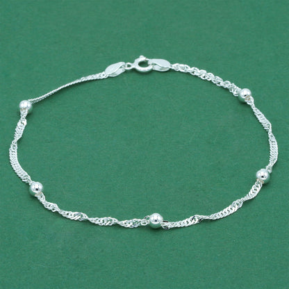 925 Sterling Silver Beaded Singapore Chain Anklet, Twisted Rope Minimal Silver Ankle Bracelet, Delicate Everyday Jewellery