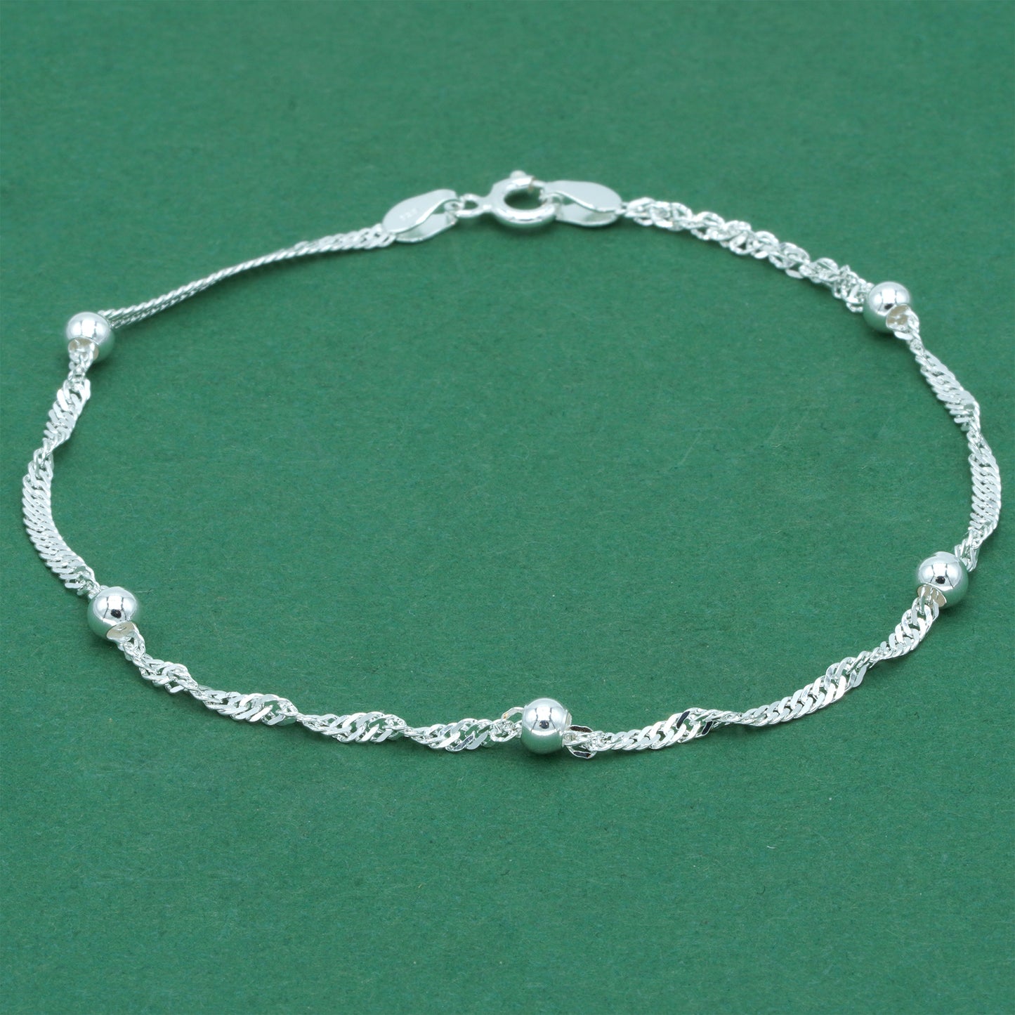 925 Sterling Silver Beaded Singapore Chain Anklet, Twisted Rope Minimal Silver Ankle Bracelet, Delicate Everyday Jewellery