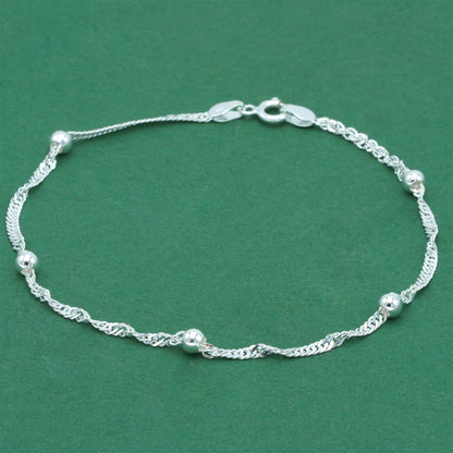 925 Sterling Silver Beaded Singapore Chain Anklet, Twisted Rope Minimal Silver Ankle Bracelet, Delicate Everyday Jewellery